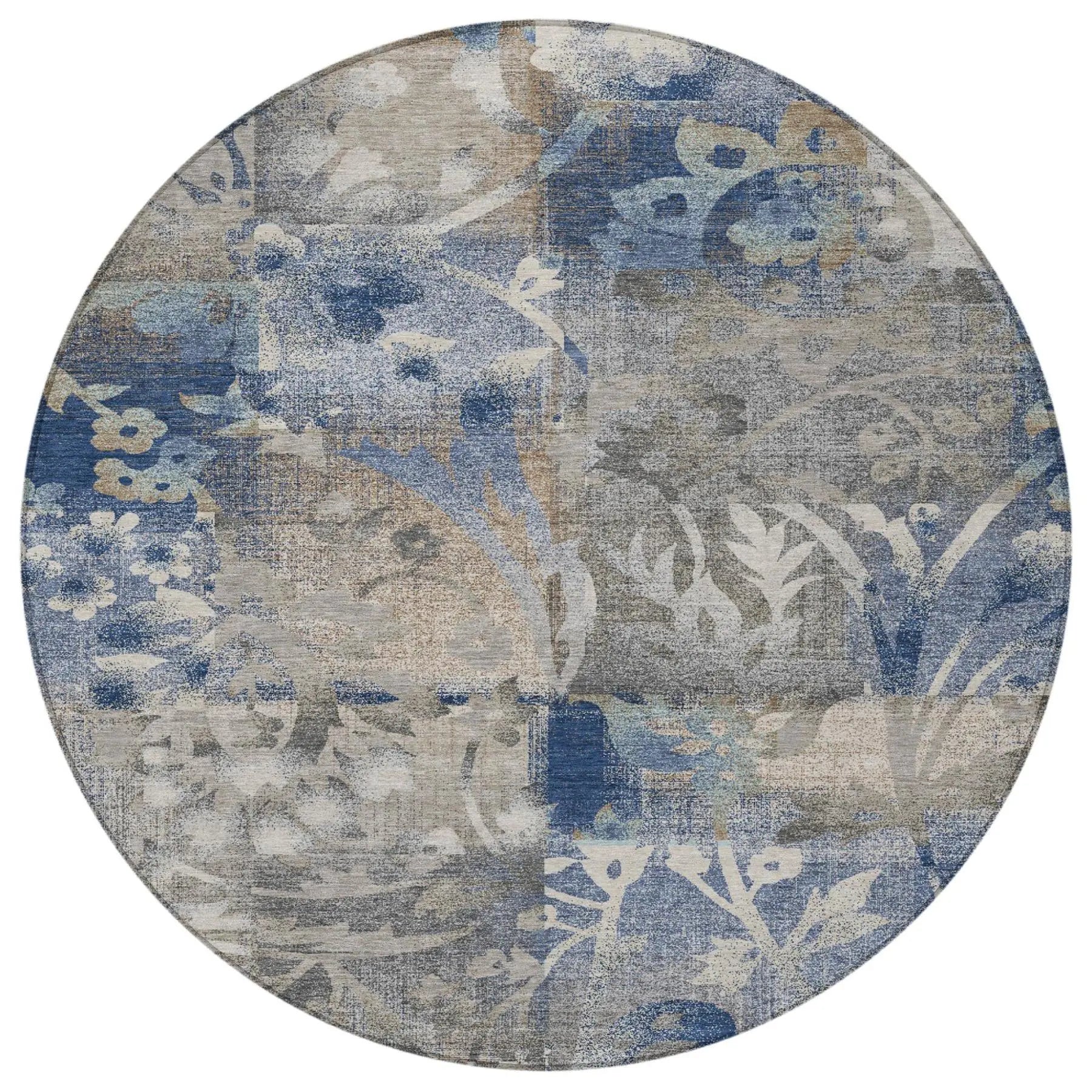 8' Navy Blue And Blue Round Botanical Leaves Washable Indoor Outdoor Area Rug Homeroots Outdoor