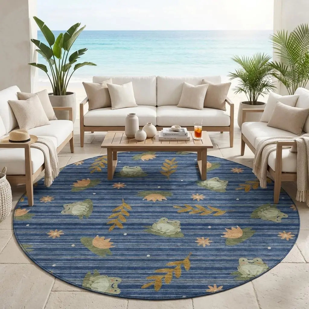 8' Navy Blue And Blue Round Botanical Leaves Washable Indoor Outdoor Area Rug Homeroots Outdoor