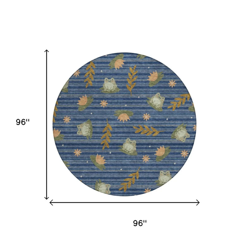 8' Navy Blue And Blue Round Botanical Leaves Washable Indoor Outdoor Area Rug Homeroots Outdoor