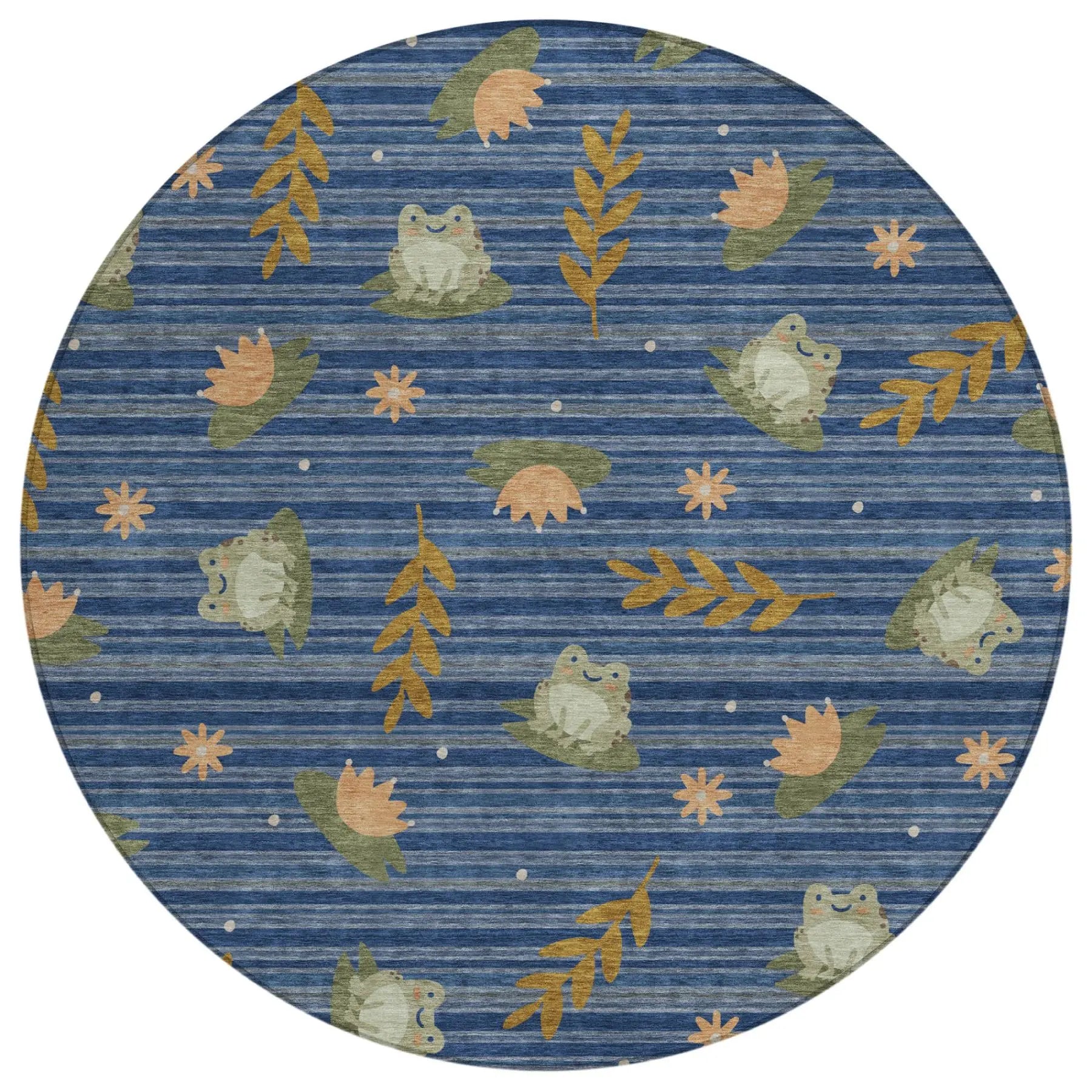 8' Navy Blue And Blue Round Botanical Leaves Washable Indoor Outdoor Area Rug Homeroots Outdoor