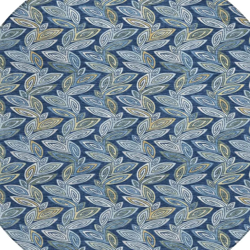 8' Navy Blue And Blue Round Botanical Leaves Washable Indoor Outdoor Area Rug Homeroots Outdoor