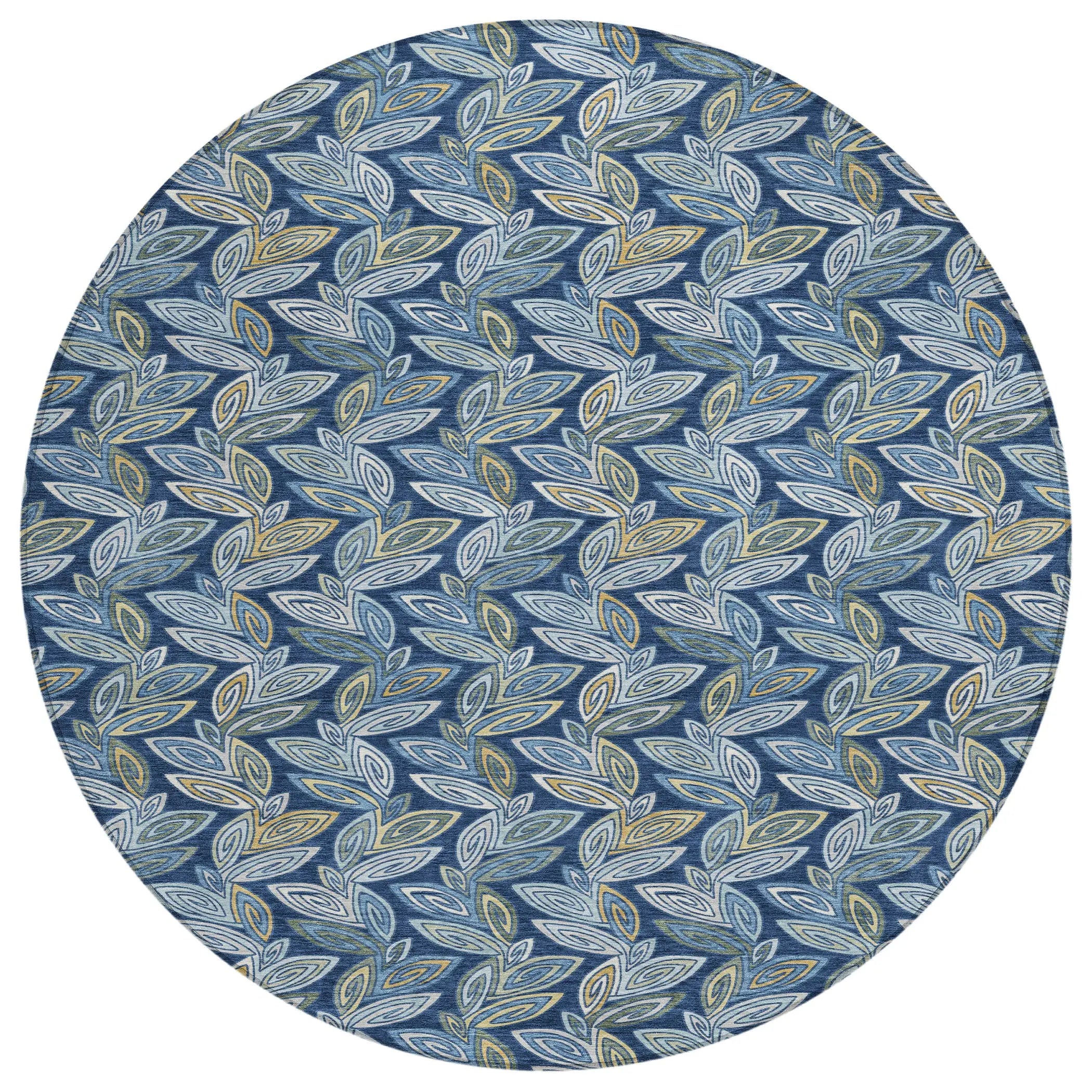 8' Navy Blue And Blue Round Botanical Leaves Washable Indoor Outdoor Area Rug Homeroots Outdoor