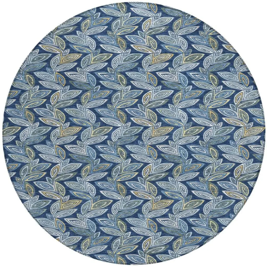 8' Navy Blue And Blue Round Botanical Leaves Washable Indoor Outdoor Area Rug Homeroots Outdoor
