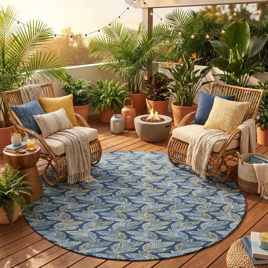 8' Navy Blue And Blue Round Botanical Leaves Washable Indoor Outdoor Area Rug Homeroots Outdoor