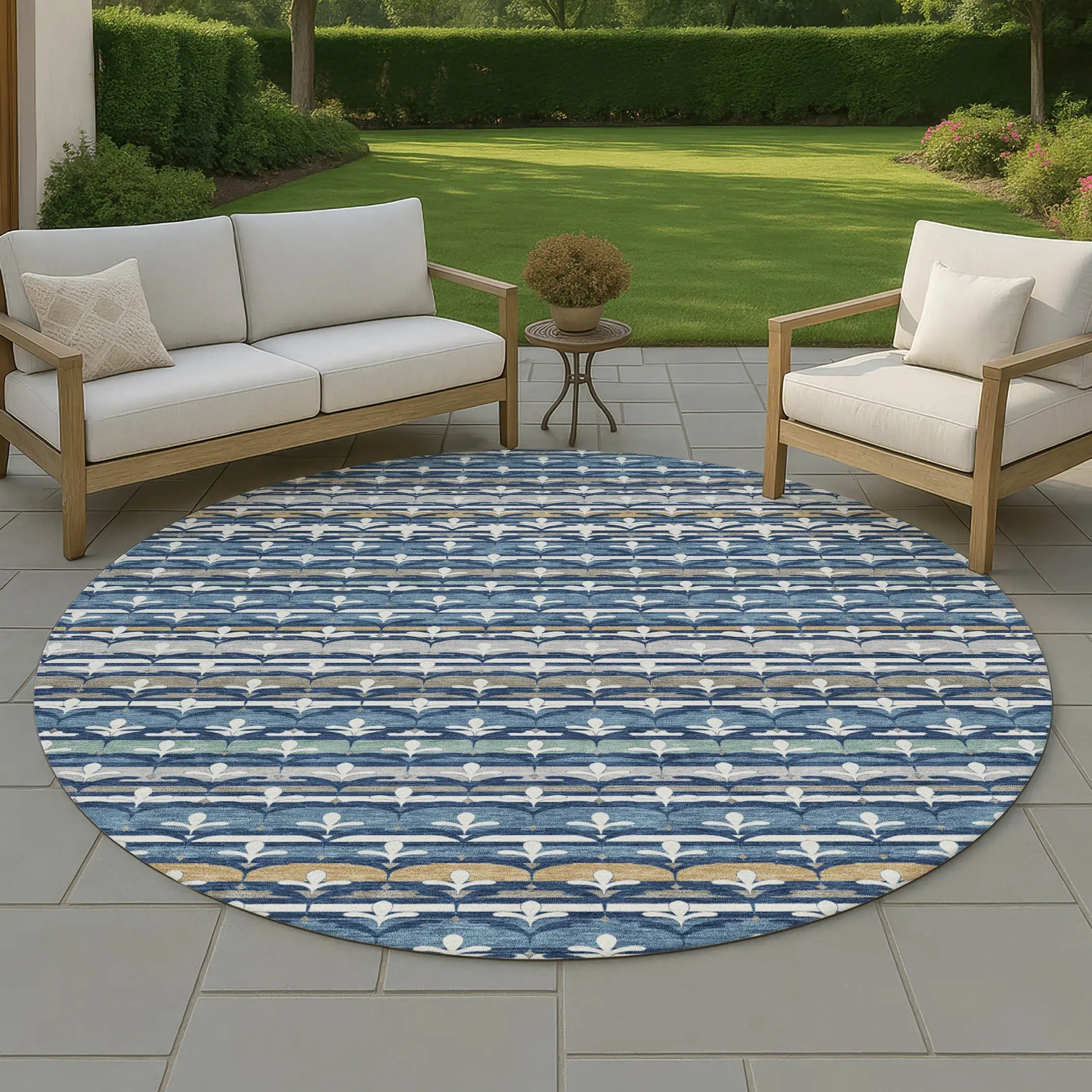 8' Navy Blue And Blue Round Damask Washable Indoor Outdoor Area Rug Homeroots Outdoor