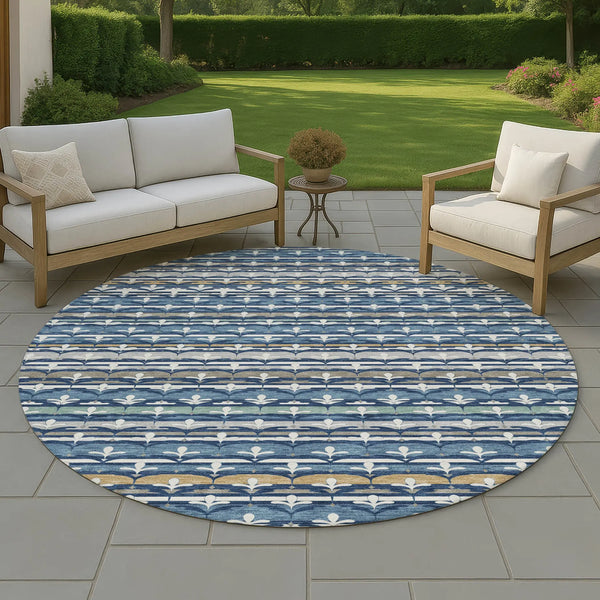 8' Navy Blue And Blue Round Damask Washable Indoor Outdoor Area Rug Homeroots Outdoor