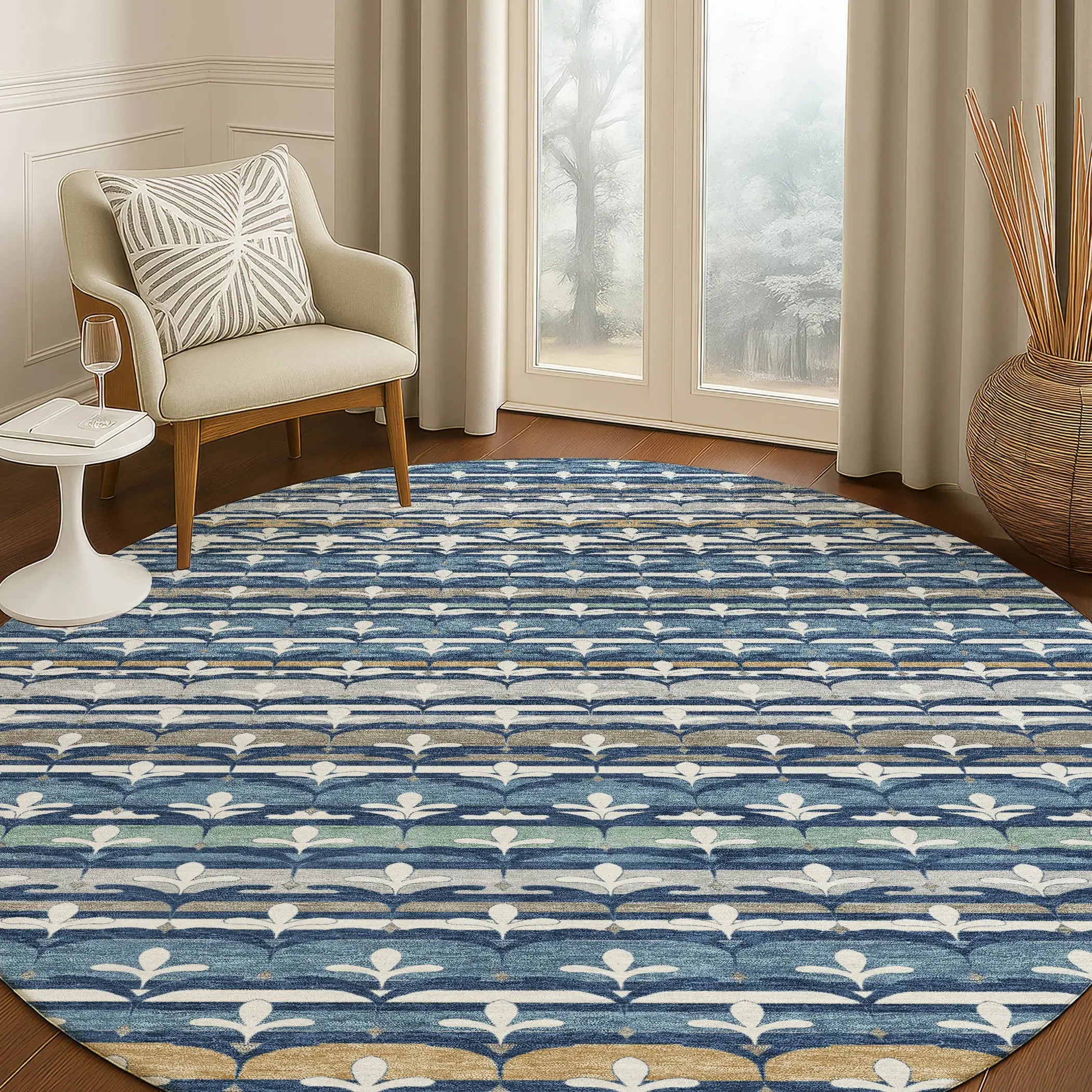 8' Navy Blue And Blue Round Damask Washable Indoor Outdoor Area Rug Homeroots Outdoor