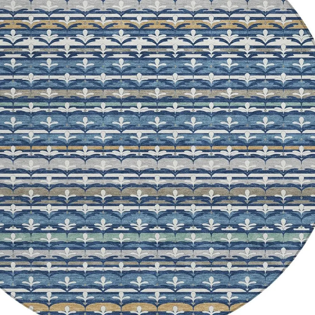 8' Navy Blue And Blue Round Damask Washable Indoor Outdoor Area Rug Homeroots Outdoor