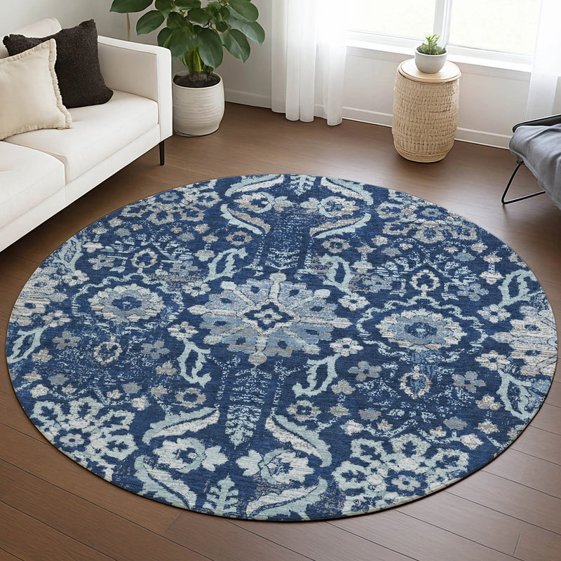 8' Navy Blue And Blue Round Damask Washable Indoor Outdoor Area Rug Homeroots Outdoor