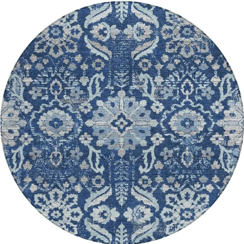 8' Navy Blue And Blue Round Damask Washable Indoor Outdoor Area Rug Homeroots Outdoor