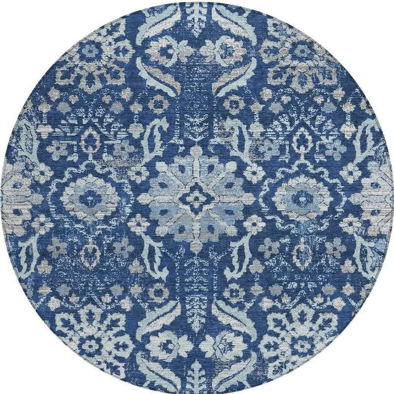 8' Navy Blue And Blue Round Damask Washable Indoor Outdoor Area Rug Homeroots Outdoor