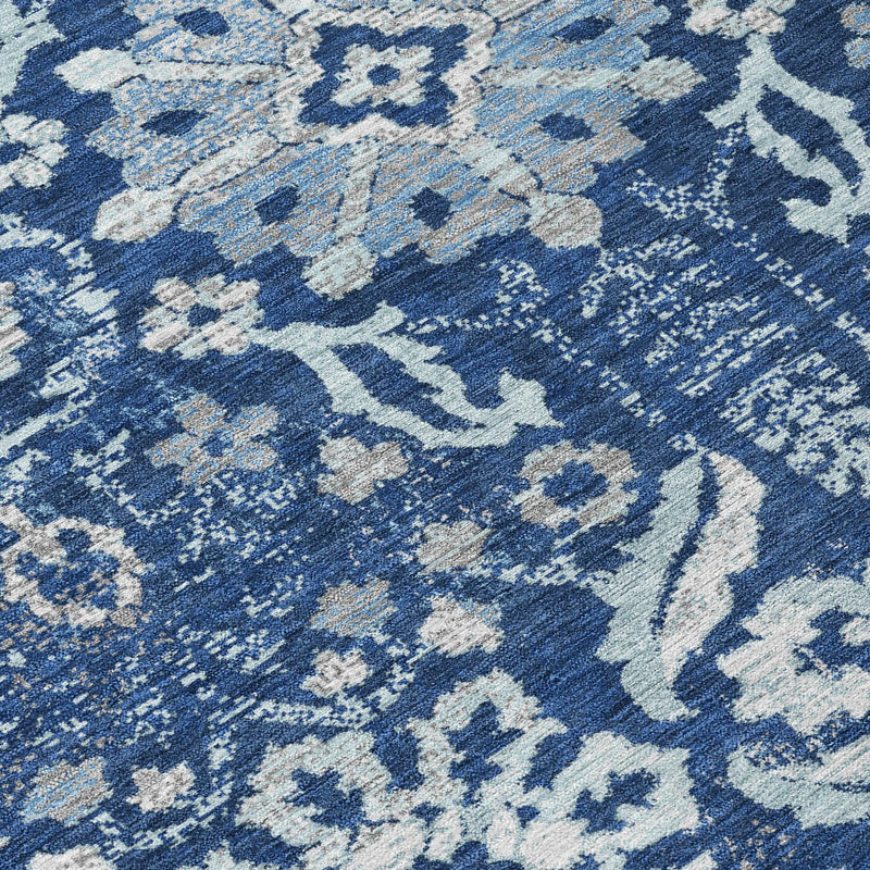 8' Navy Blue And Blue Round Damask Washable Indoor Outdoor Area Rug Homeroots Outdoor