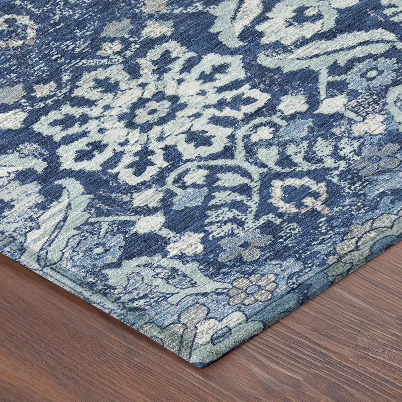 8' Navy Blue And Blue Round Damask Washable Indoor Outdoor Area Rug Homeroots Outdoor
