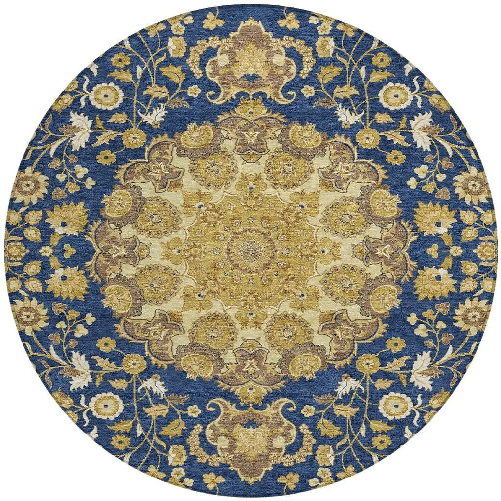 8' Navy Blue And Blue Round Damask Washable Indoor Outdoor Area Rug Homeroots Outdoor