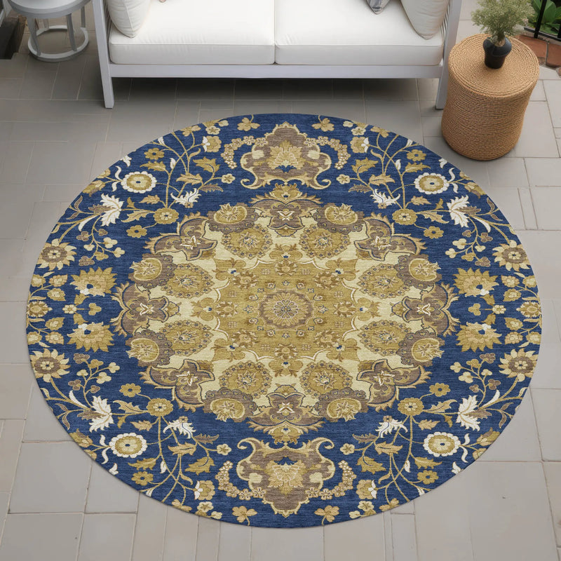 8' Navy Blue And Blue Round Damask Washable Indoor Outdoor Area Rug Homeroots Outdoor