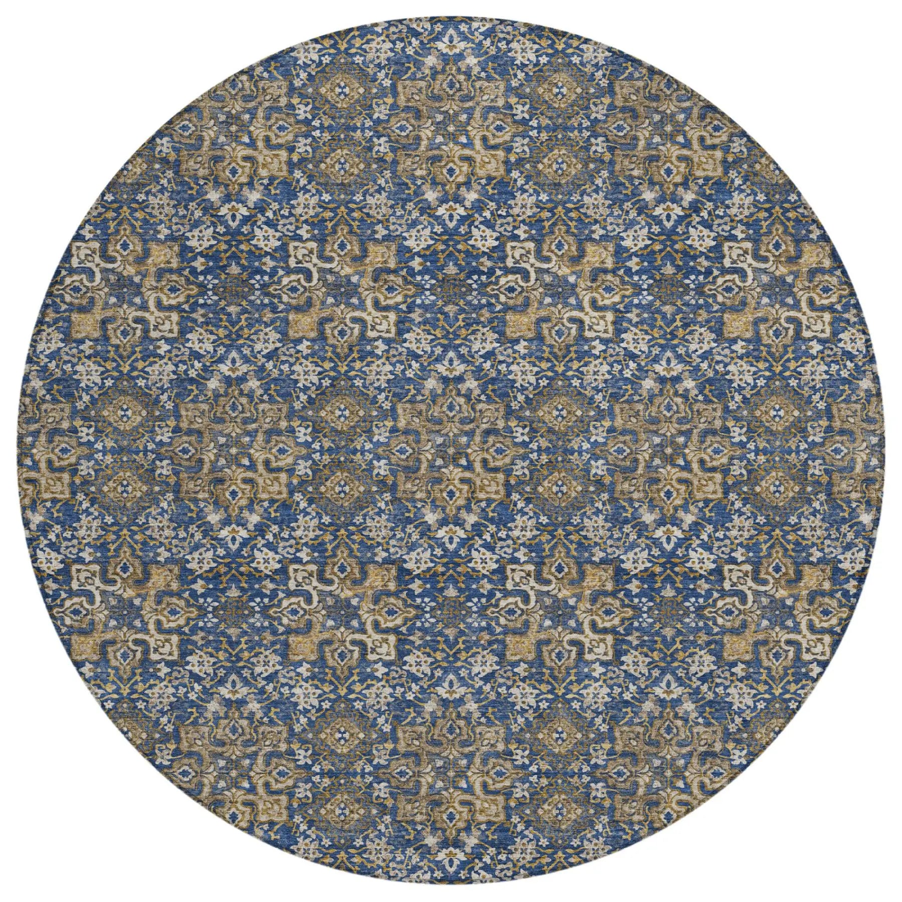 8' Navy Blue And Blue Round Damask Washable Indoor Outdoor Area Rug Homeroots Outdoor