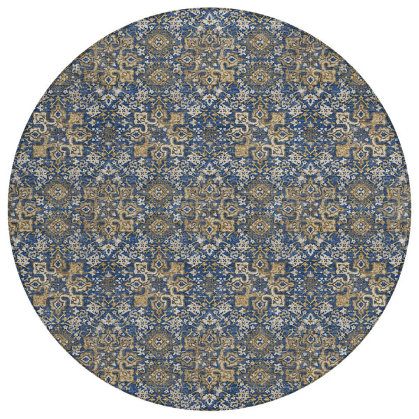 8' Navy Blue And Blue Round Damask Washable Indoor Outdoor Area Rug Homeroots Outdoor