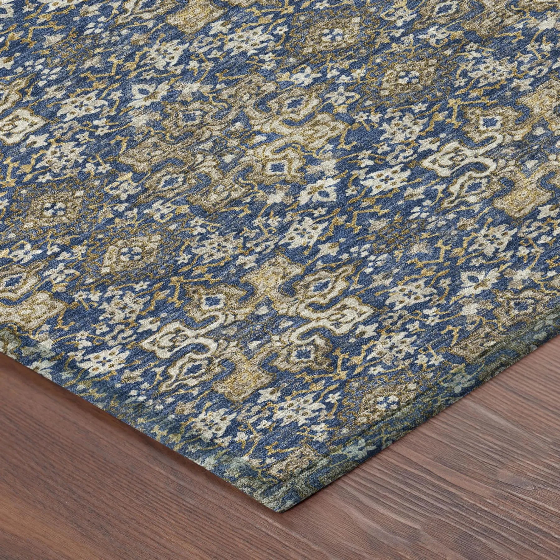 8' Navy Blue And Blue Round Damask Washable Indoor Outdoor Area Rug Homeroots Outdoor