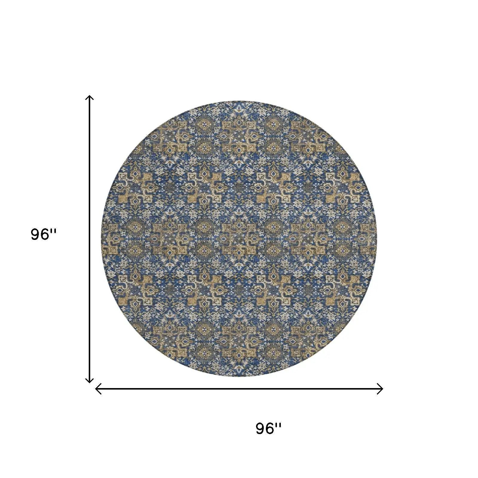 8' Navy Blue And Blue Round Damask Washable Indoor Outdoor Area Rug Homeroots Outdoor