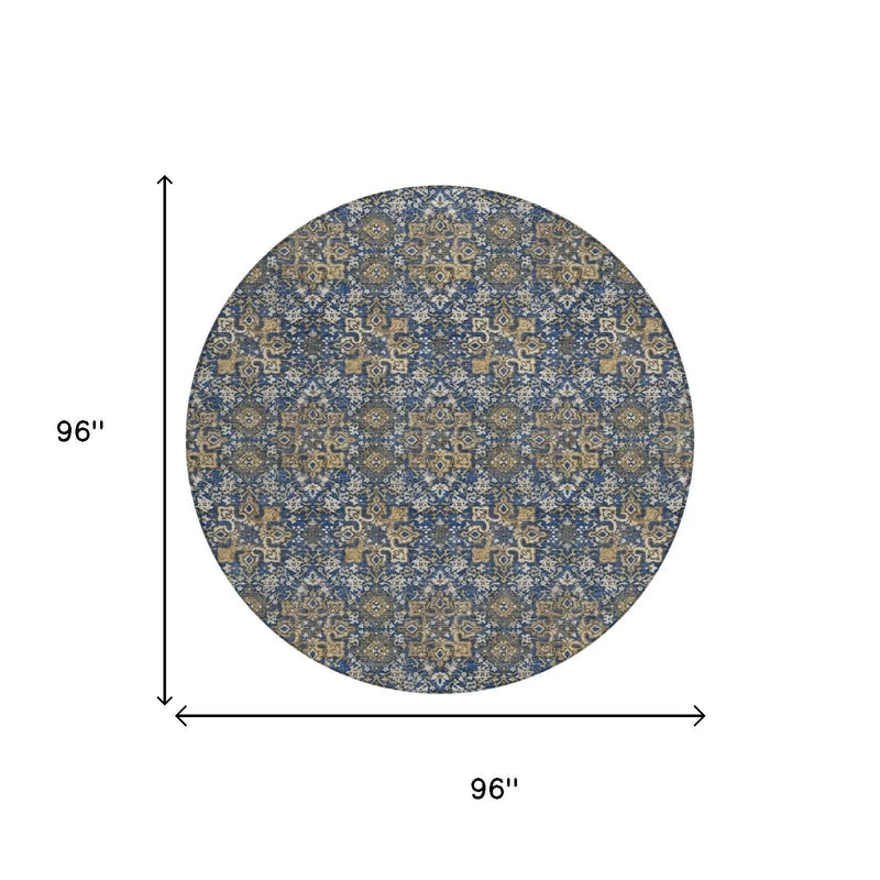 8' Navy Blue And Blue Round Damask Washable Indoor Outdoor Area Rug Homeroots Outdoor