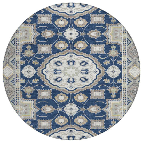 8' Navy Blue And Blue Round Floral Medallion Washable Indoor Outdoor Area Rug Homeroots Outdoor