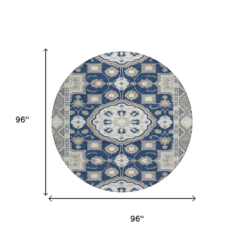 8' Navy Blue And Blue Round Floral Medallion Washable Indoor Outdoor Area Rug Homeroots Outdoor