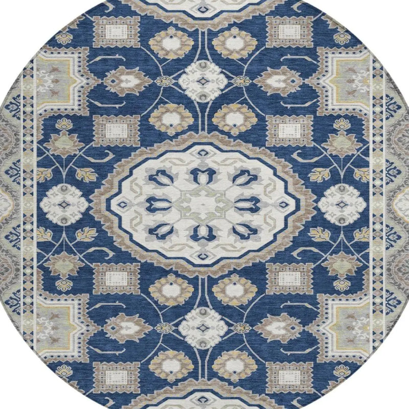 8' Navy Blue And Blue Round Floral Medallion Washable Indoor Outdoor Area Rug Homeroots Outdoor