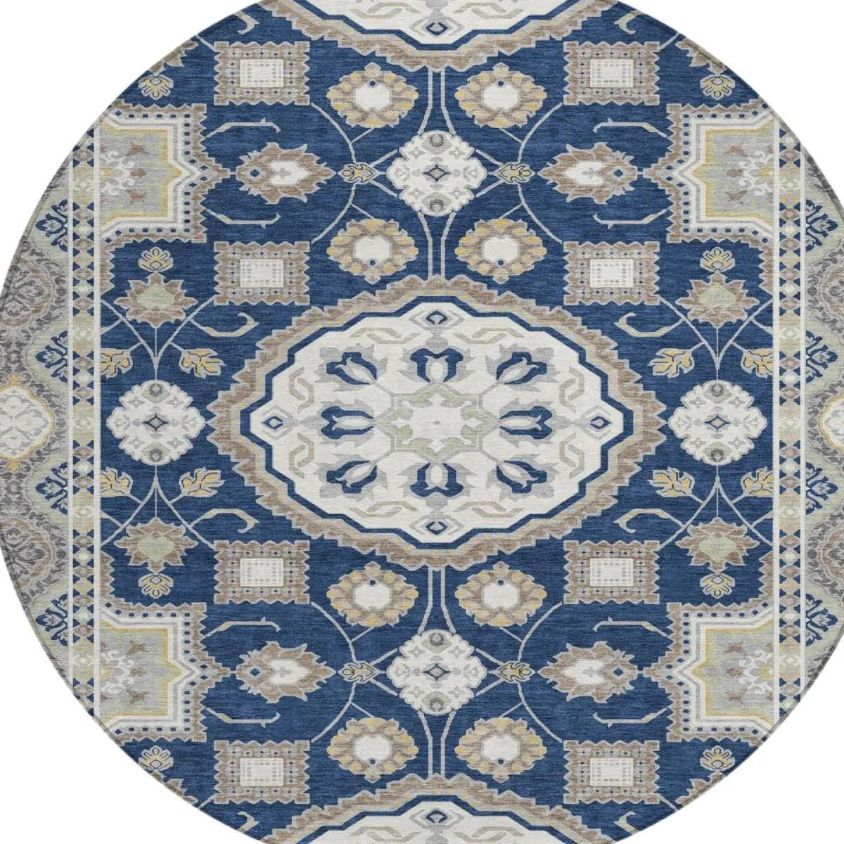 8' Navy Blue And Blue Round Floral Medallion Washable Indoor Outdoor Area Rug Homeroots Outdoor