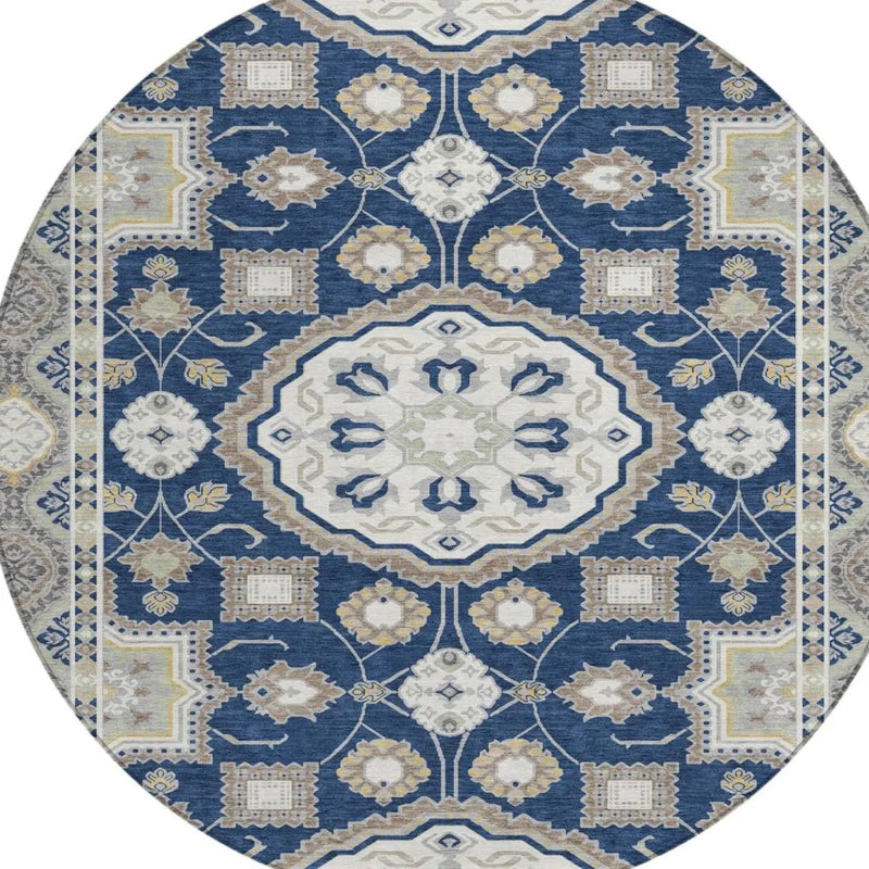 8' Navy Blue And Blue Round Floral Medallion Washable Indoor Outdoor Area Rug Homeroots Outdoor