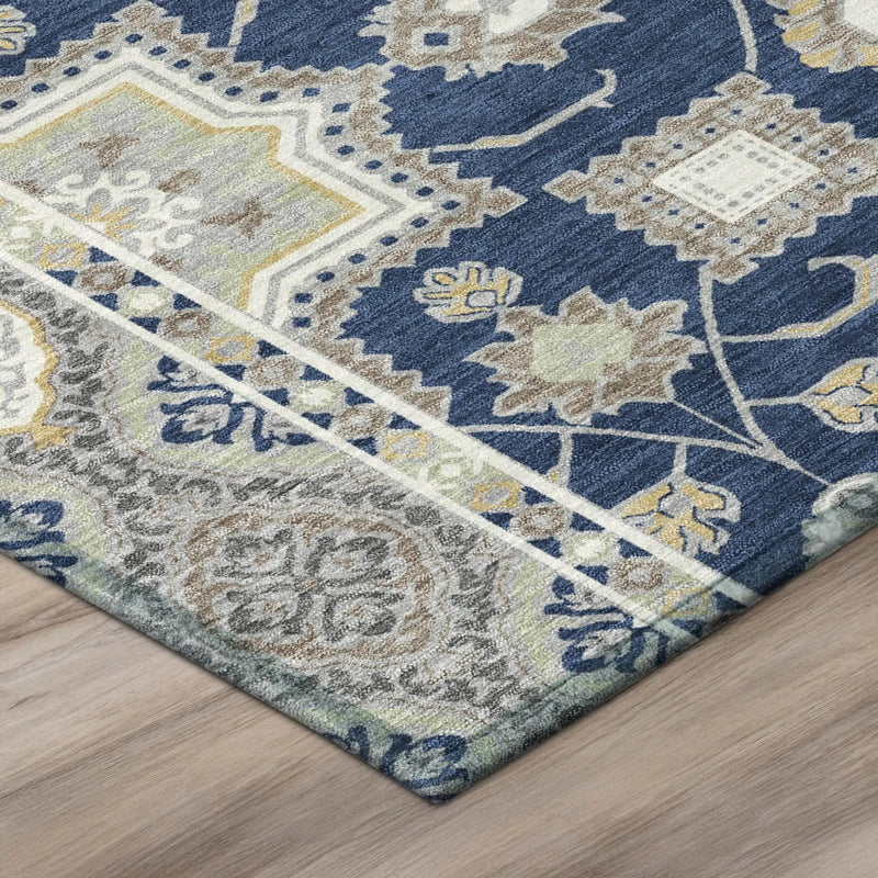 8' Navy Blue And Blue Round Floral Medallion Washable Indoor Outdoor Area Rug Homeroots Outdoor