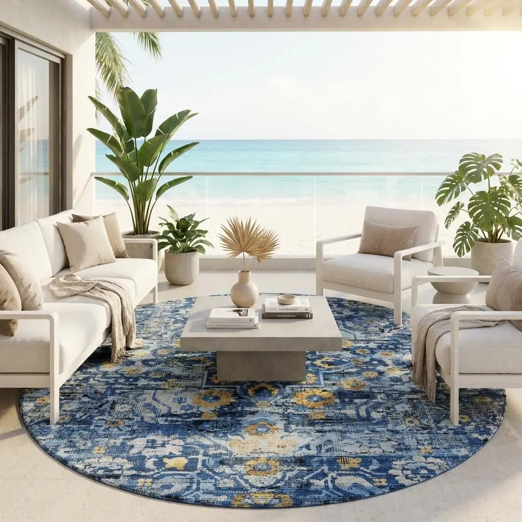 8' Navy Blue And Blue Round Floral Medallion Washable Indoor Outdoor Area Rug Homeroots Outdoor