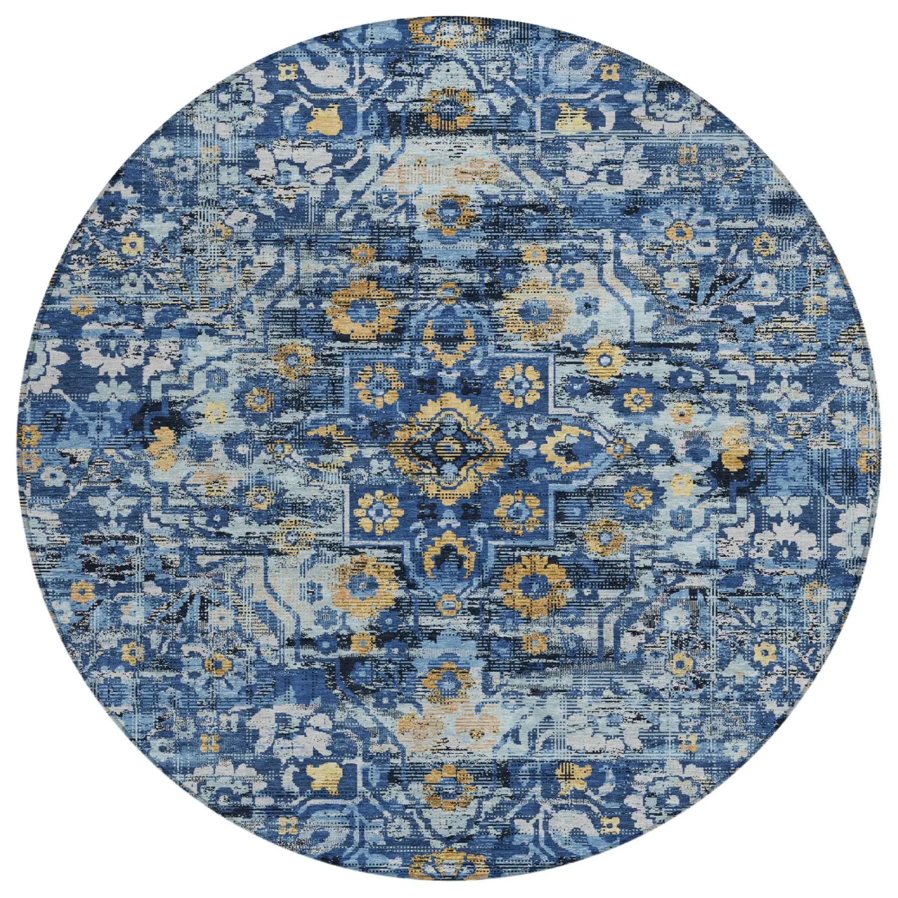 8' Navy Blue And Blue Round Floral Medallion Washable Indoor Outdoor Area Rug Homeroots Outdoor