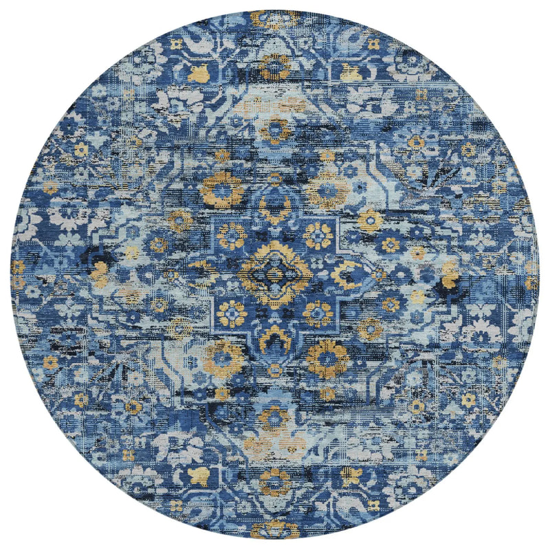 8' Navy Blue And Blue Round Floral Medallion Washable Indoor Outdoor Area Rug Homeroots Outdoor