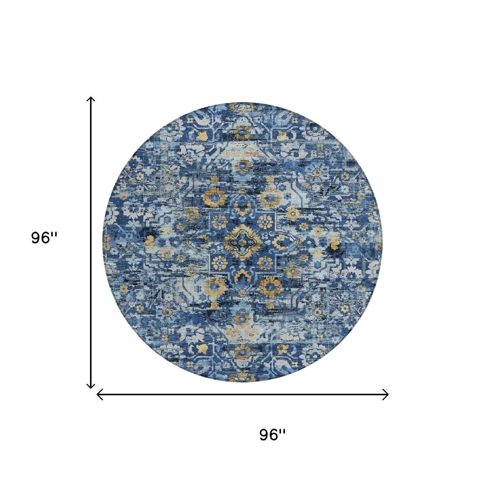 8' Navy Blue And Blue Round Floral Medallion Washable Indoor Outdoor Area Rug Homeroots Outdoor