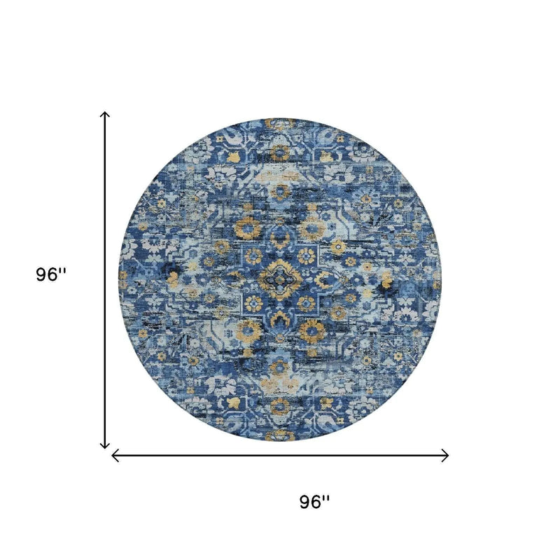 8' Navy Blue And Blue Round Floral Medallion Washable Indoor Outdoor Area Rug Homeroots Outdoor