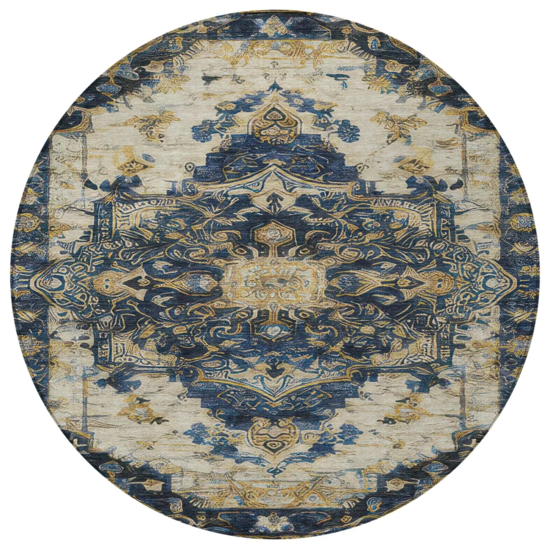 8' Navy Blue And Blue Round Floral Medallion Washable Indoor Outdoor Area Rug Homeroots Outdoor