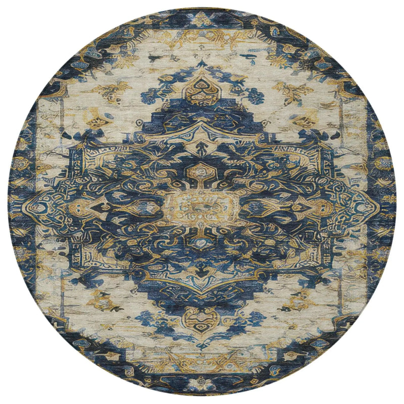 8' Navy Blue And Blue Round Floral Medallion Washable Indoor Outdoor Area Rug Homeroots Outdoor