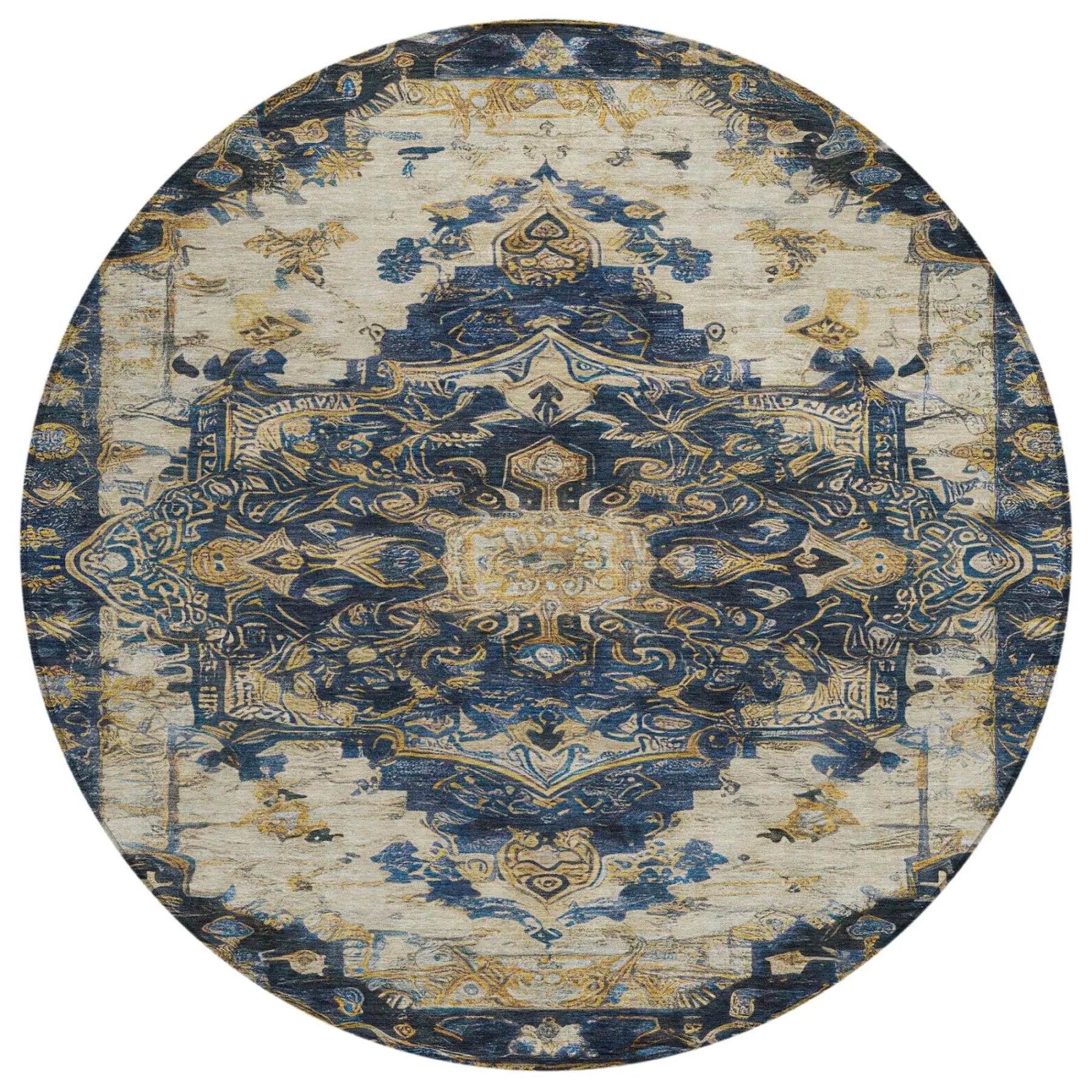 8' Navy Blue And Blue Round Floral Medallion Washable Indoor Outdoor Area Rug Homeroots Outdoor