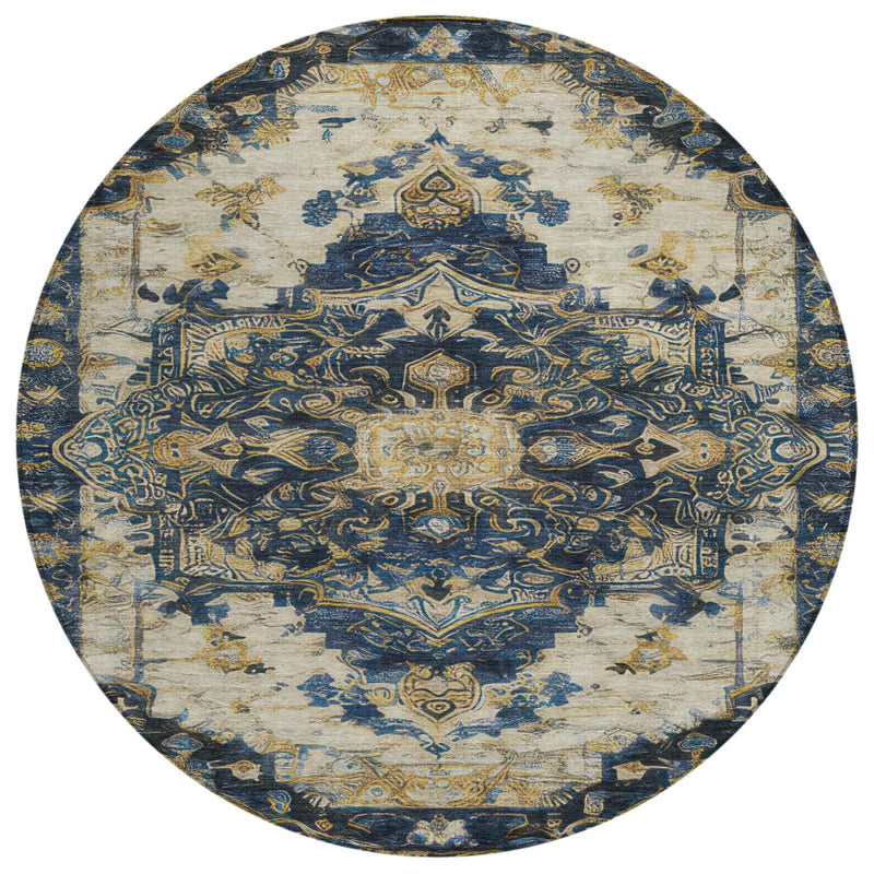 8' Navy Blue And Blue Round Floral Medallion Washable Indoor Outdoor Area Rug Homeroots Outdoor