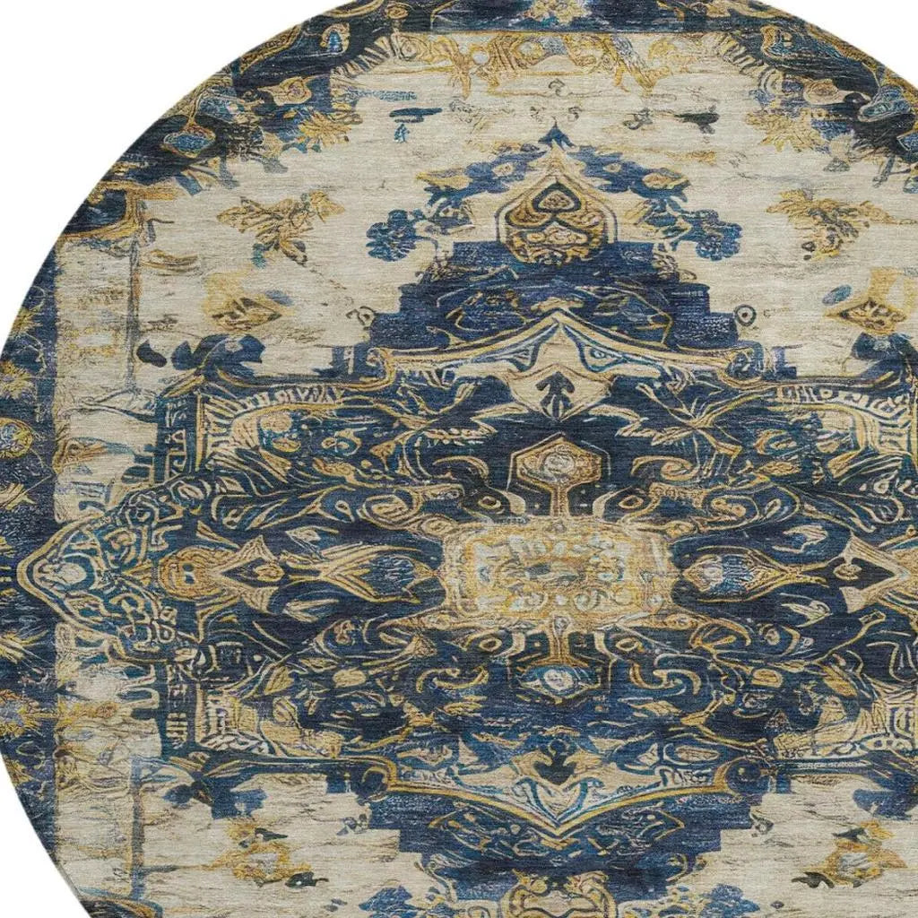 8' Navy Blue And Blue Round Floral Medallion Washable Indoor Outdoor Area Rug Homeroots Outdoor