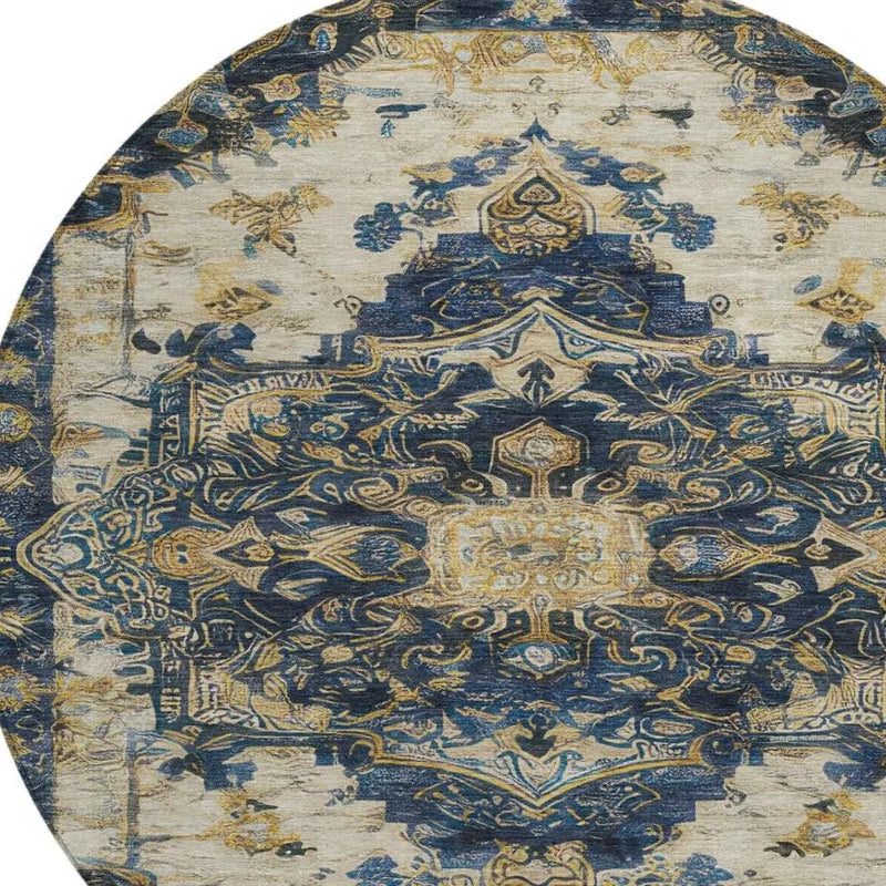 8' Navy Blue And Blue Round Floral Medallion Washable Indoor Outdoor Area Rug Homeroots Outdoor