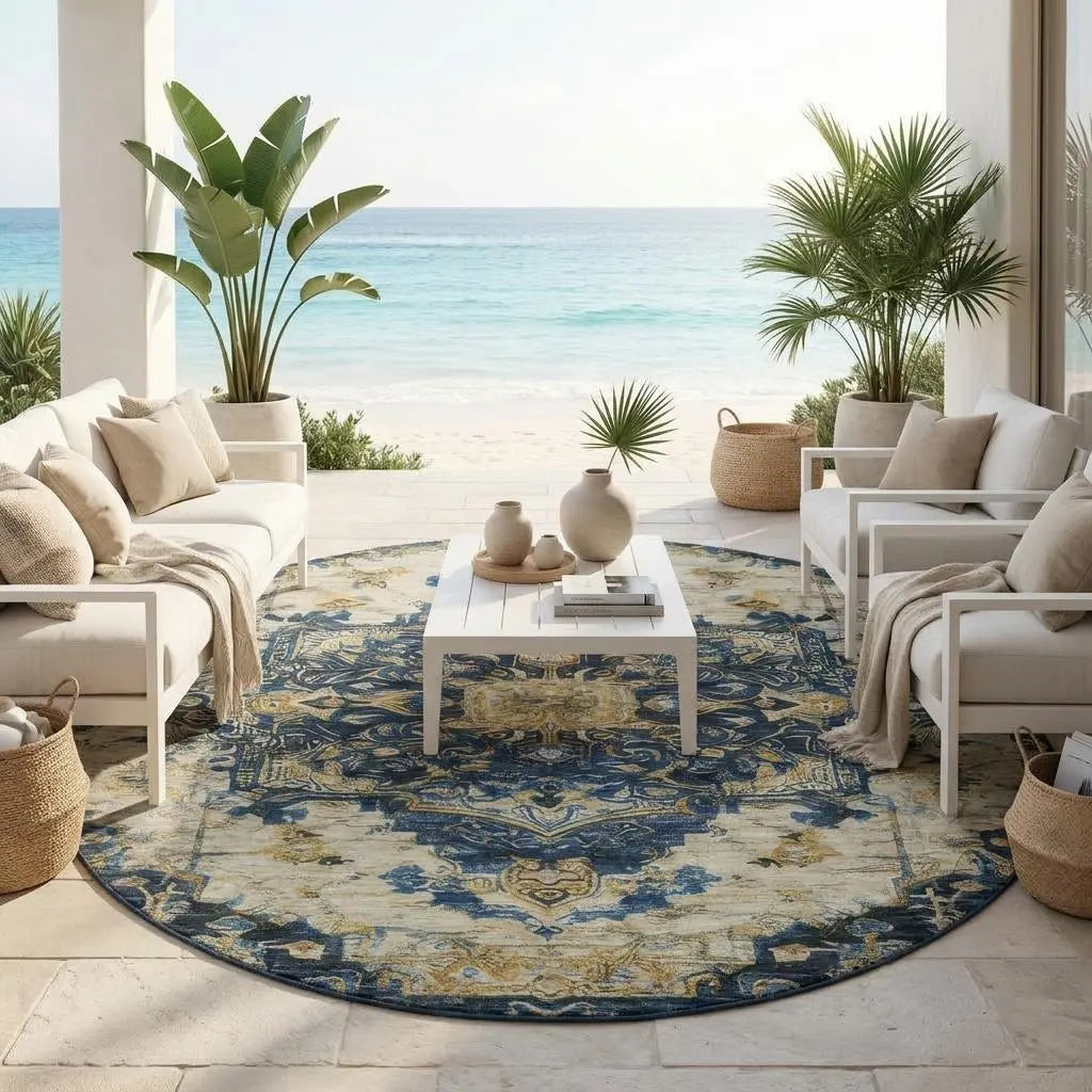 8' Navy Blue And Blue Round Floral Medallion Washable Indoor Outdoor Area Rug Homeroots Outdoor