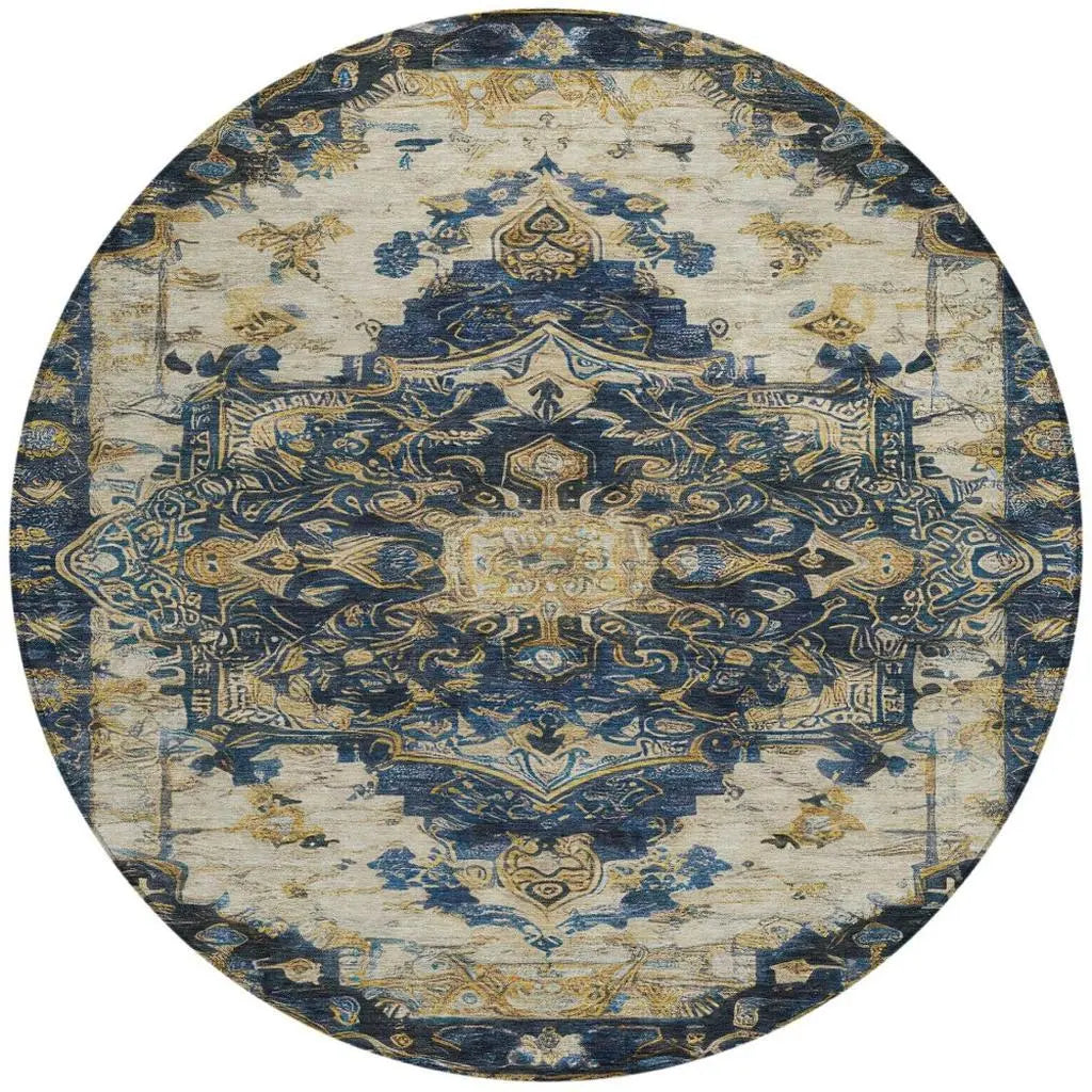 8' Navy Blue And Blue Round Floral Medallion Washable Indoor Outdoor Area Rug Homeroots Outdoor