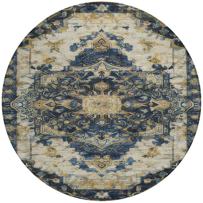 8' Navy Blue And Blue Round Floral Medallion Washable Indoor Outdoor Area Rug Homeroots Outdoor