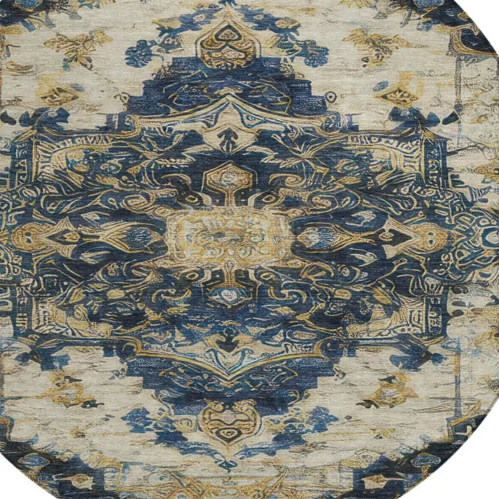 8' Navy Blue And Blue Round Floral Medallion Washable Indoor Outdoor Area Rug Homeroots Outdoor