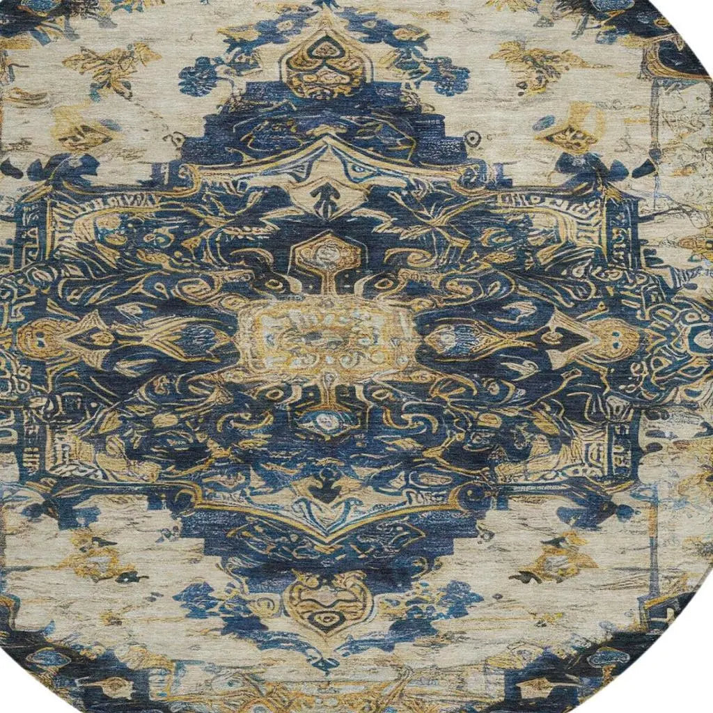 8' Navy Blue And Blue Round Floral Medallion Washable Indoor Outdoor Area Rug Homeroots Outdoor