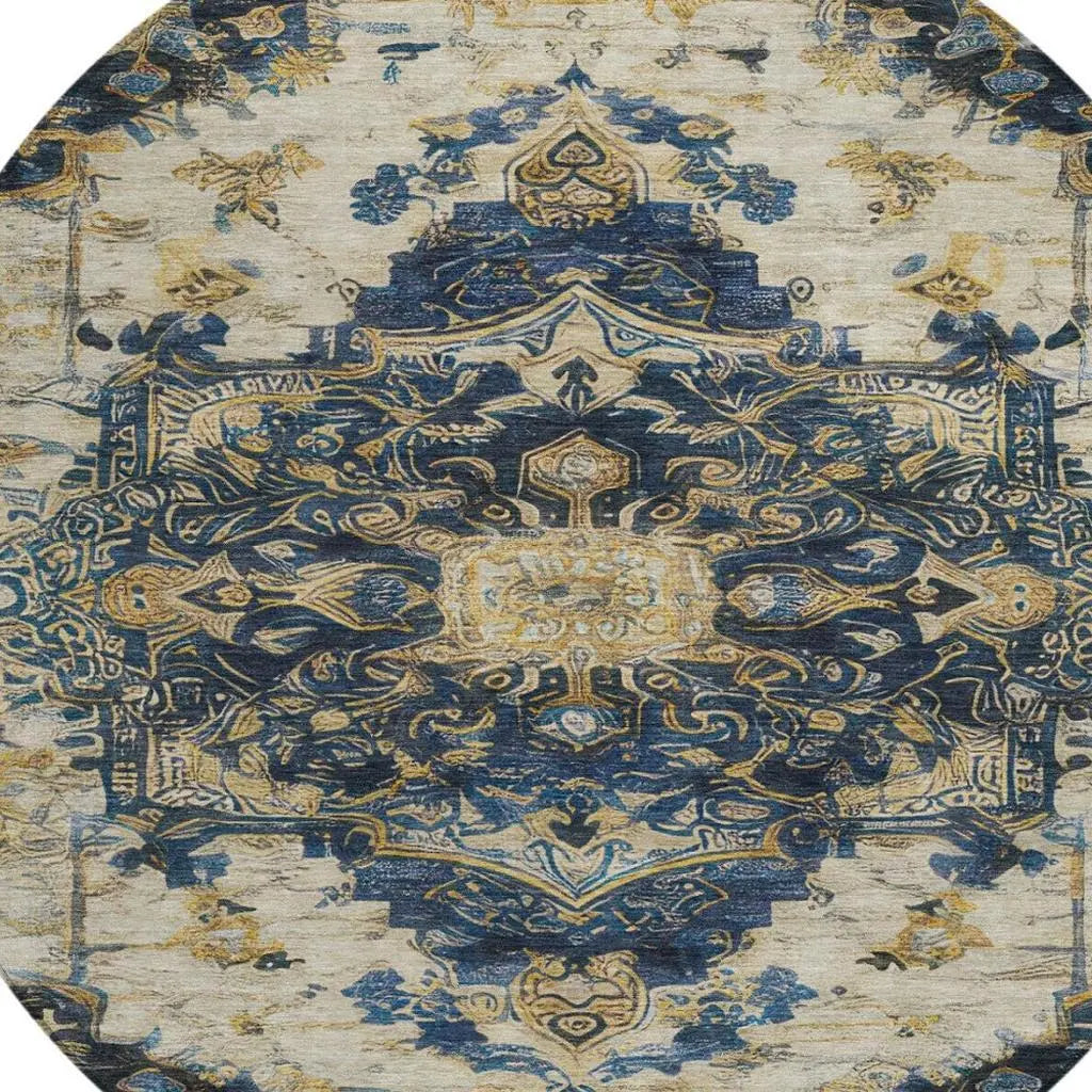 8' Navy Blue And Blue Round Floral Medallion Washable Indoor Outdoor Area Rug Homeroots Outdoor