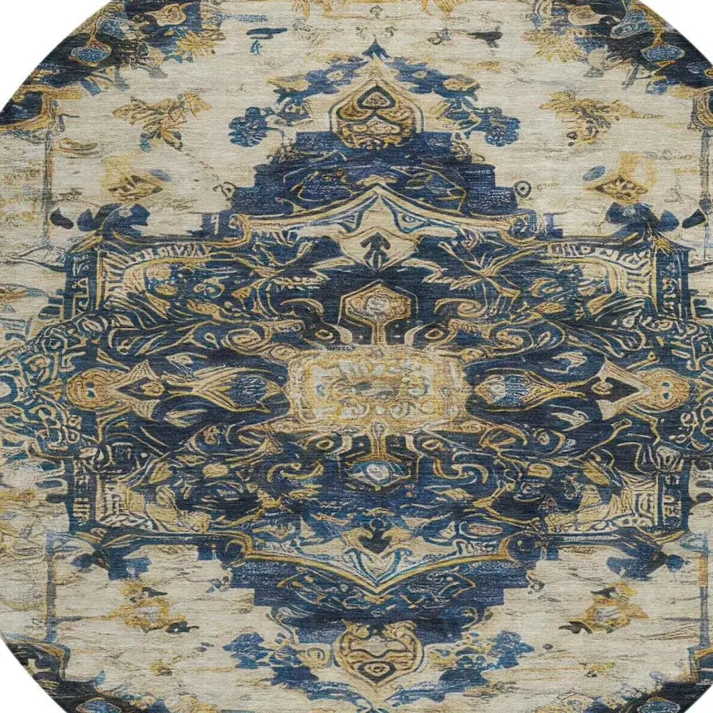 8' Navy Blue And Blue Round Floral Medallion Washable Indoor Outdoor Area Rug Homeroots Outdoor