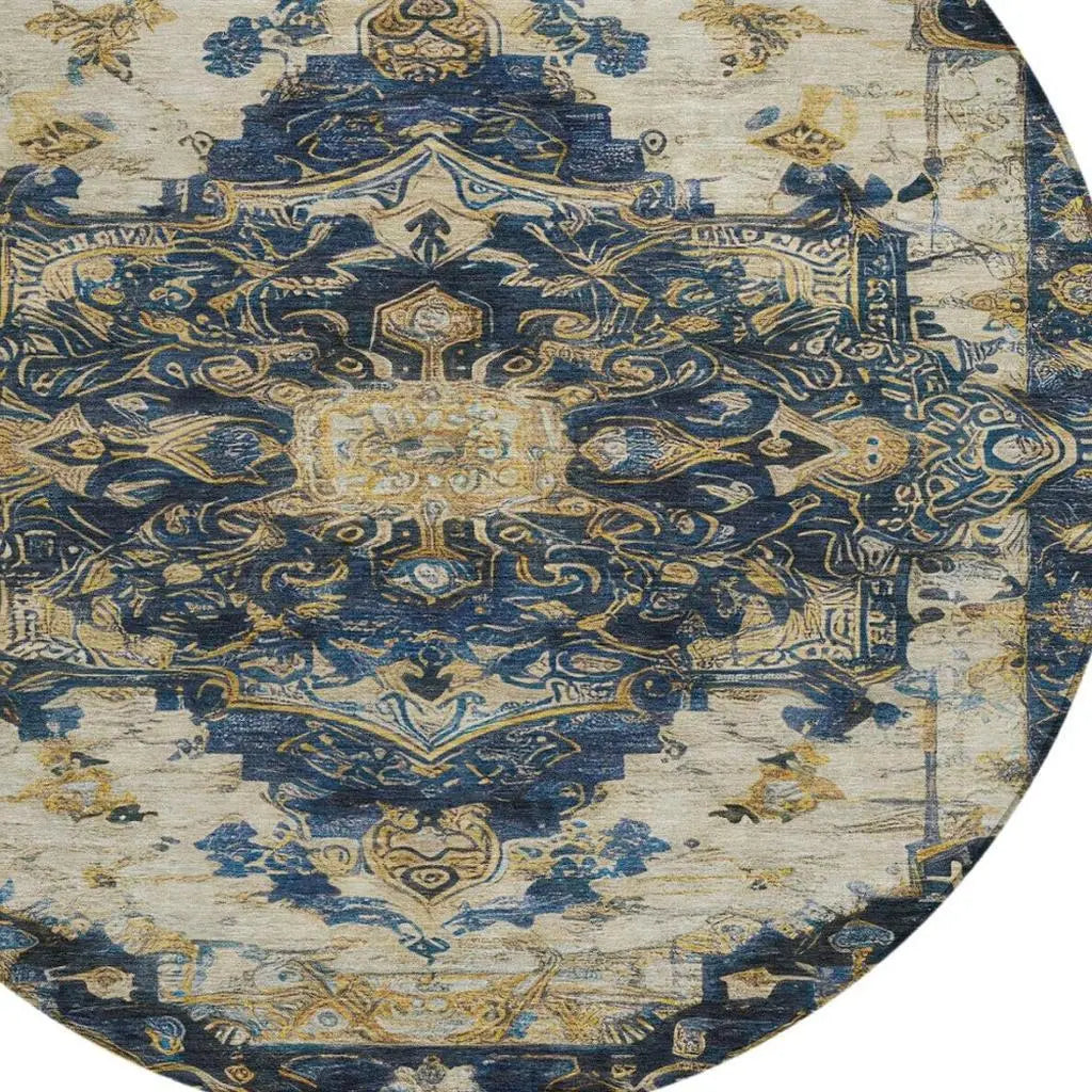 8' Navy Blue And Blue Round Floral Medallion Washable Indoor Outdoor Area Rug Homeroots Outdoor