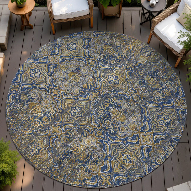 8' Navy Blue And Blue Round Floral Washable Indoor Outdoor Area Rug Homeroots Outdoor
